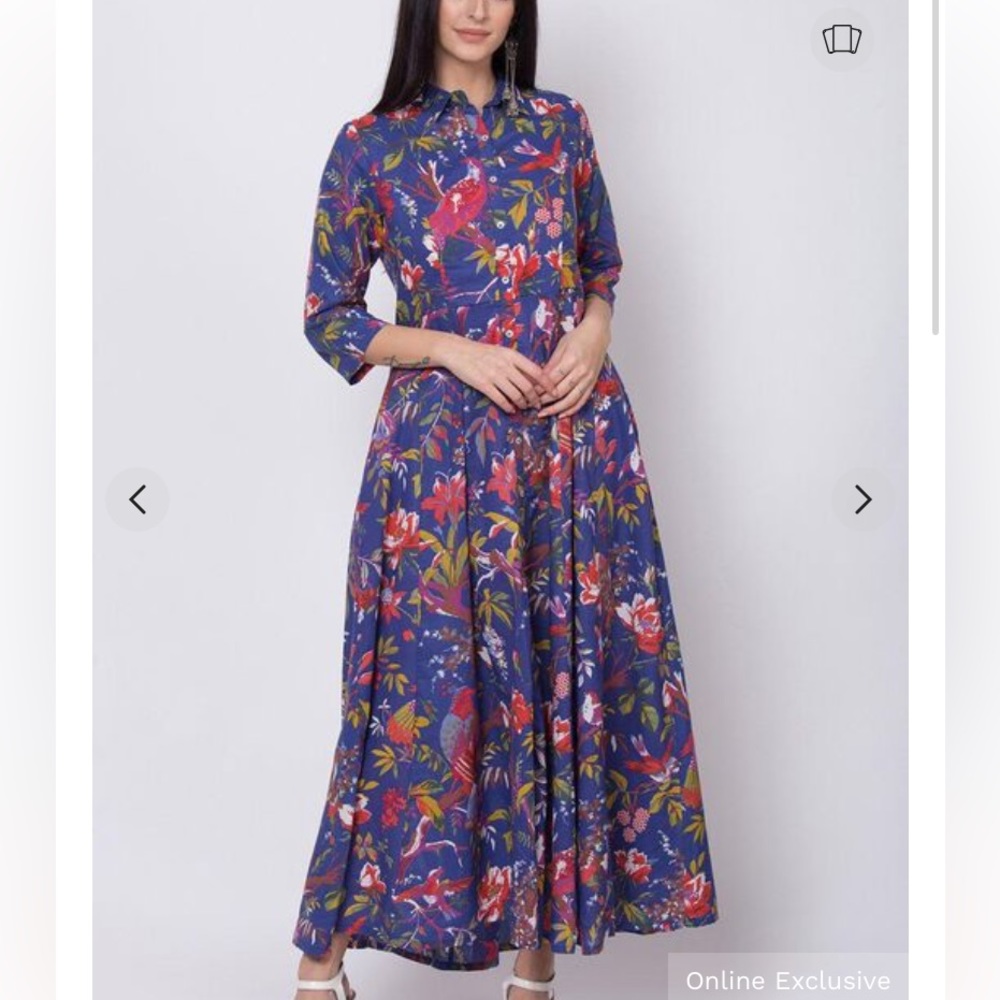Biba Blue Pink Red Floral Bird Print Button Front Shirtdress Maxi